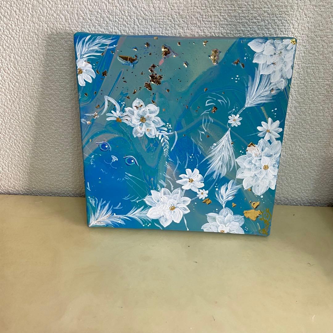 キャンバスアクリル画⭐︎水の猫⭐︎フルイドアート　ポーリングアート　猫の絵