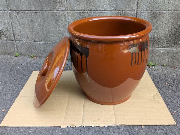 Ｙ【中古品】久松窯 10号 蓋付き 約18L 丸甕 壺 陶器製 保存容器