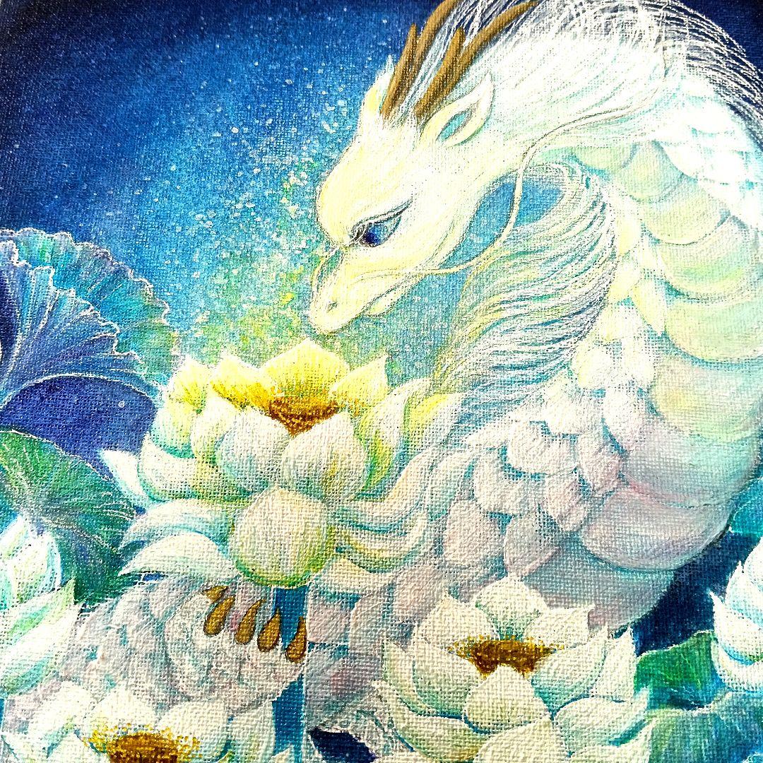 No.484 F3キャンバス　原画　龍神絵画　龍神様　白龍　開運絵画　蓮　蓮の絵