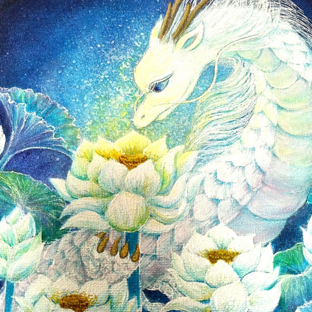 No.484 F3キャンバス　原画　龍神絵画　龍神様　白龍　開運絵画　蓮　蓮の絵