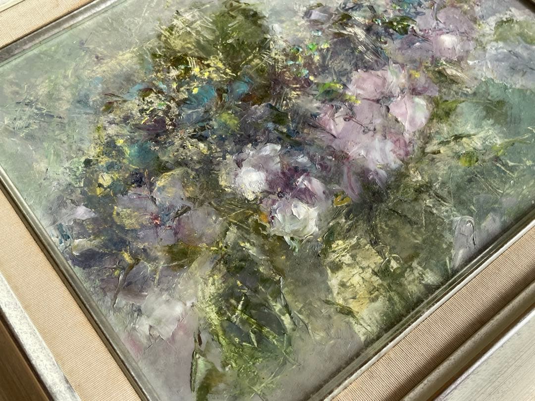 油絵　作者不明　S .H 紫陽花　額入　3号　油彩画