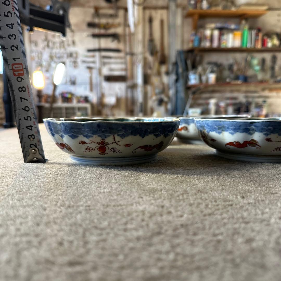 在銘 古伊万里 深皿 4点 コウモリや獅子の絵 色絵磁器 直径15cm 古食器