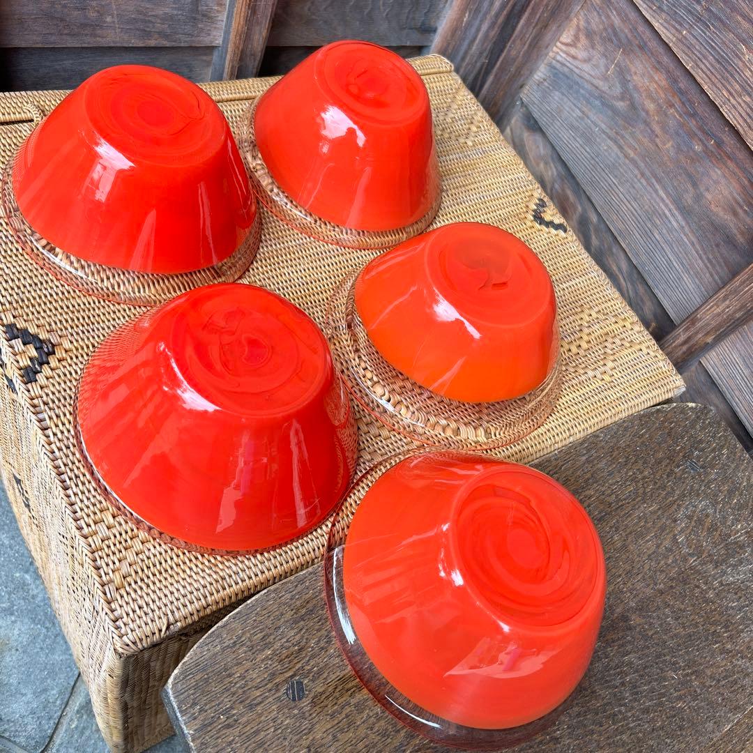 古い食器 ガラスボウル サラダボウル 中鉢 5点セット トマト カラー