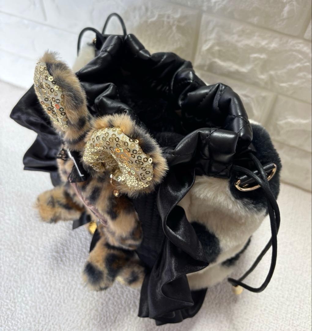 黒*こ様 コヤンイサムチョン　ハンドメイド　丸底ファー巾着バッグ　ヒョウ柄うさち