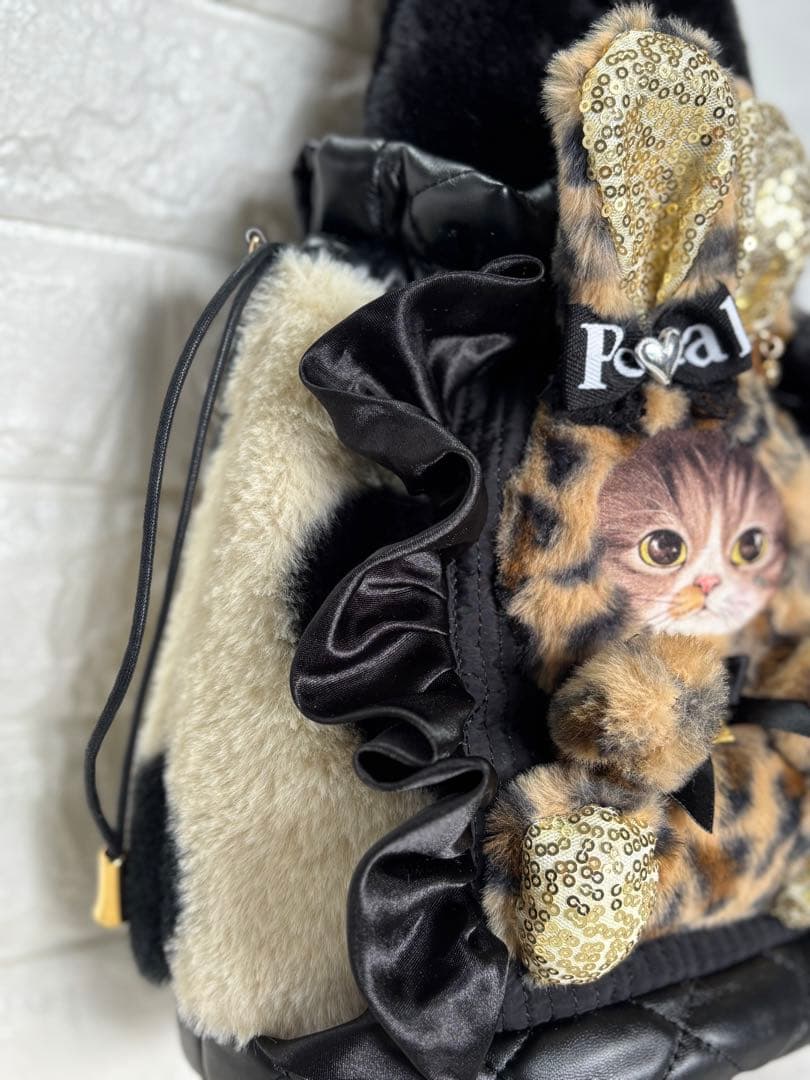 黒*こ様 コヤンイサムチョン　ハンドメイド　丸底ファー巾着バッグ　ヒョウ柄うさち