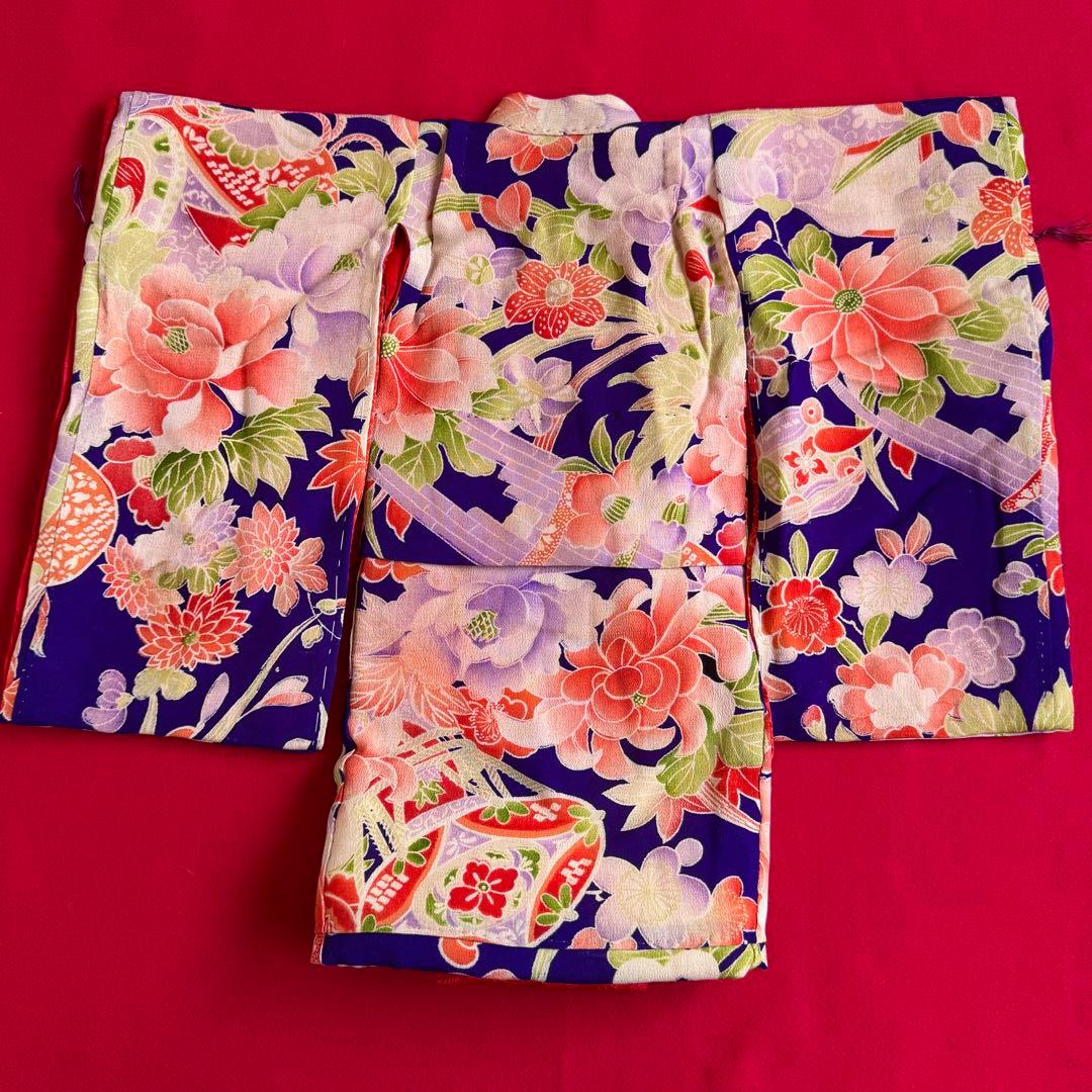 市松人形 12号(42cm)サイズの着物　比翼仕立て　紫　淡い色の花堤太鼓　　こ