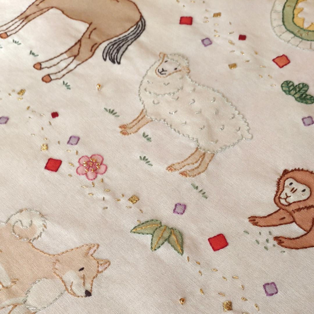 【完成品】ステッチクロス＜十二支の動物たち＞ 約60×47cm