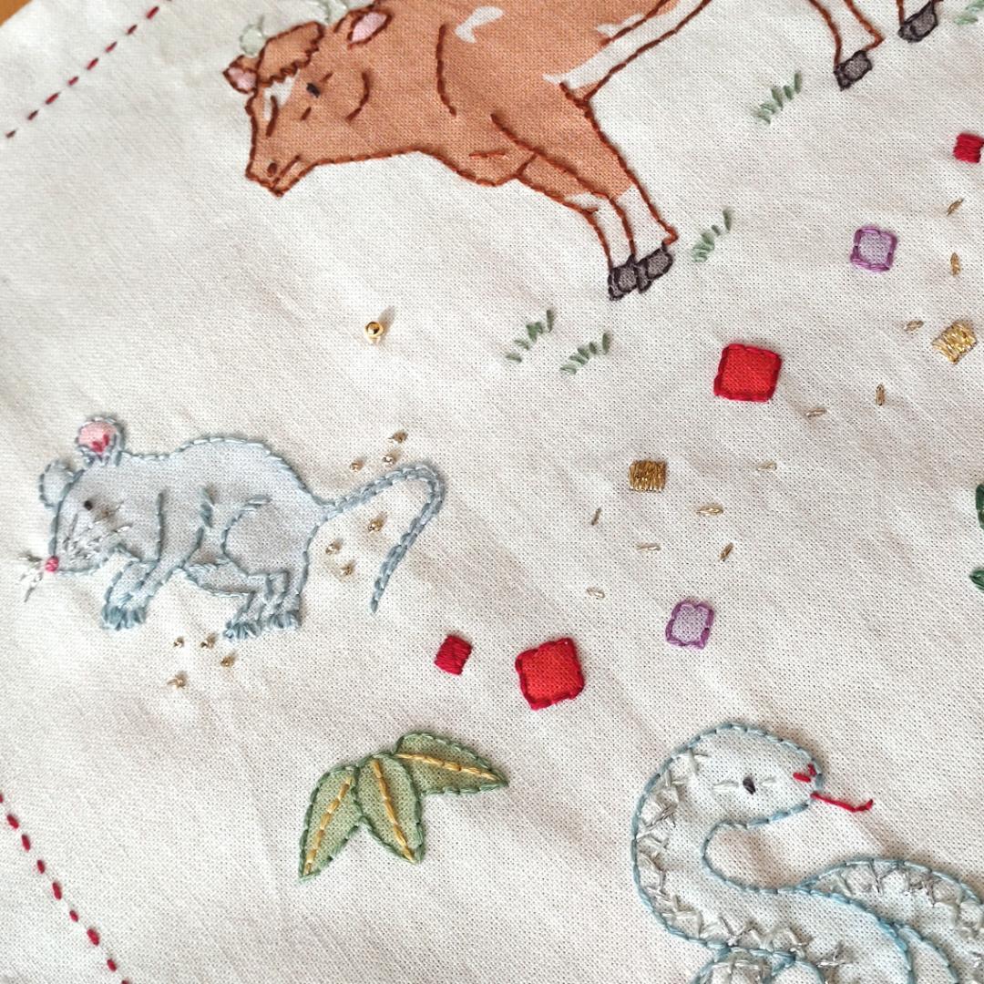 【完成品】ステッチクロス＜十二支の動物たち＞ 約60×47cm