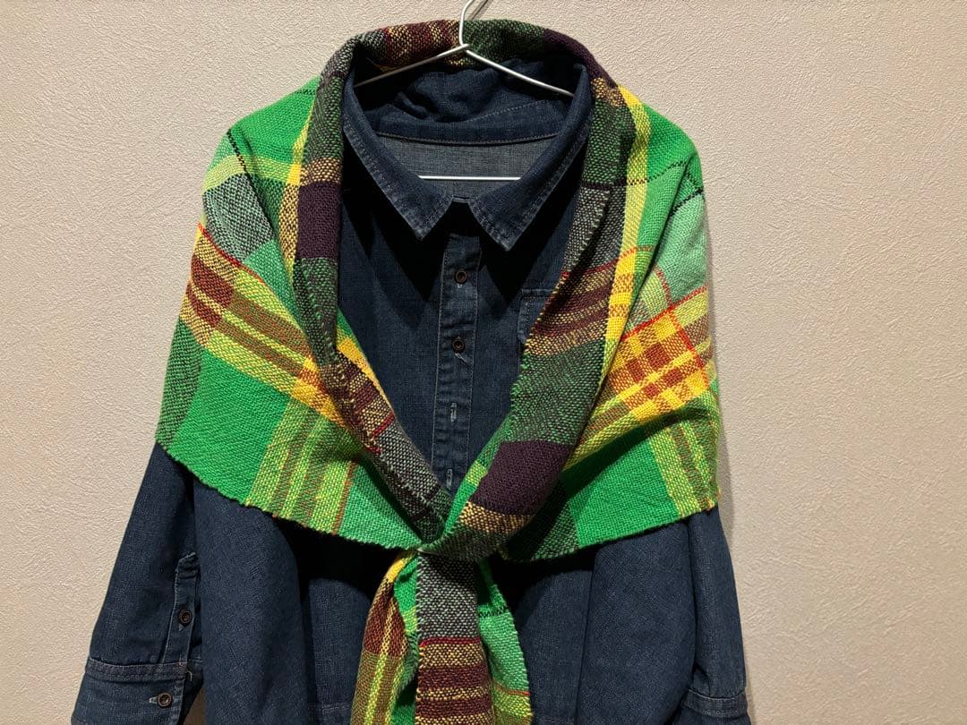 ハンドメイド チェック柄マフラー　手織り　さをり織り　ストール