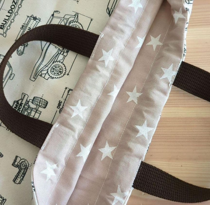 帆布レッスンバッグ車の設計図　男の子はたらくくるま　生成り×茶色　ナップサック