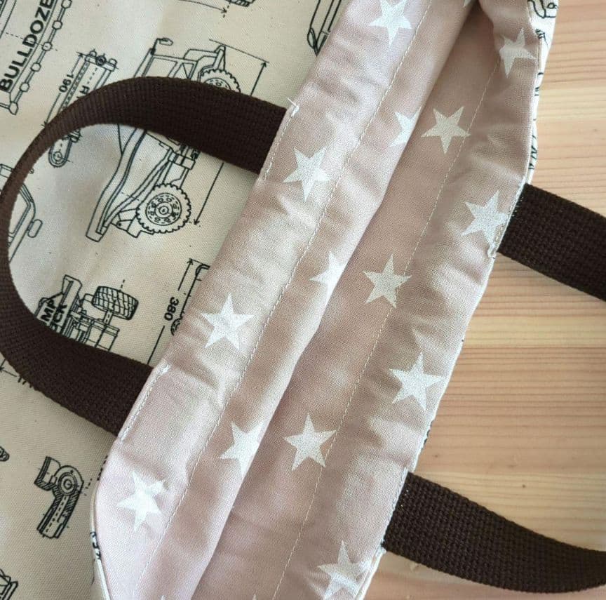 帆布レッスンバッグ車の設計図　男の子はたらくくるま　生成り×茶色　ナップサック