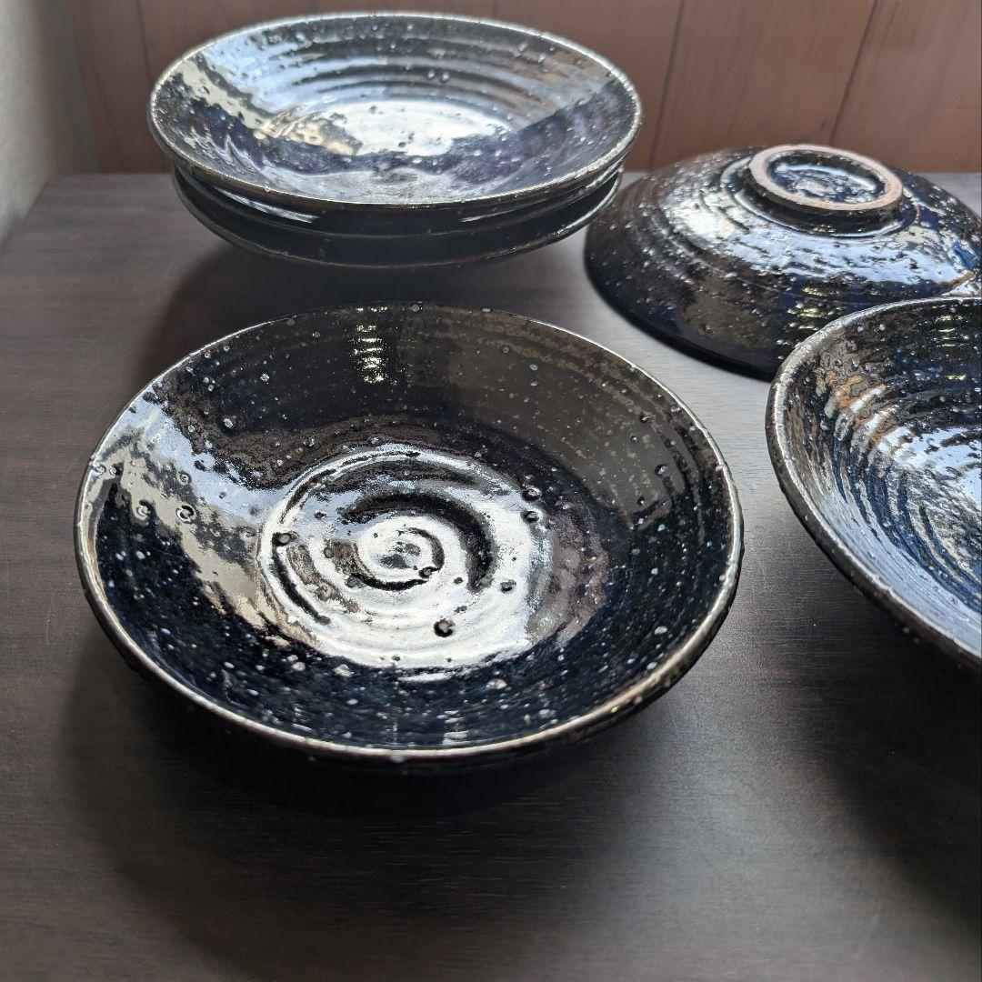【芝真路 作】中皿 6枚セット 径16.7〜18cm 渦模様 藍色 陶芸