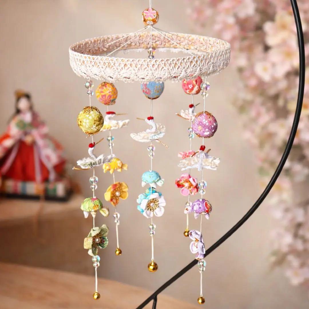 つるし雛　初節句　端午の節句　鶴と亀の吊るし飾り　つまみ細工　縁起物　35cm