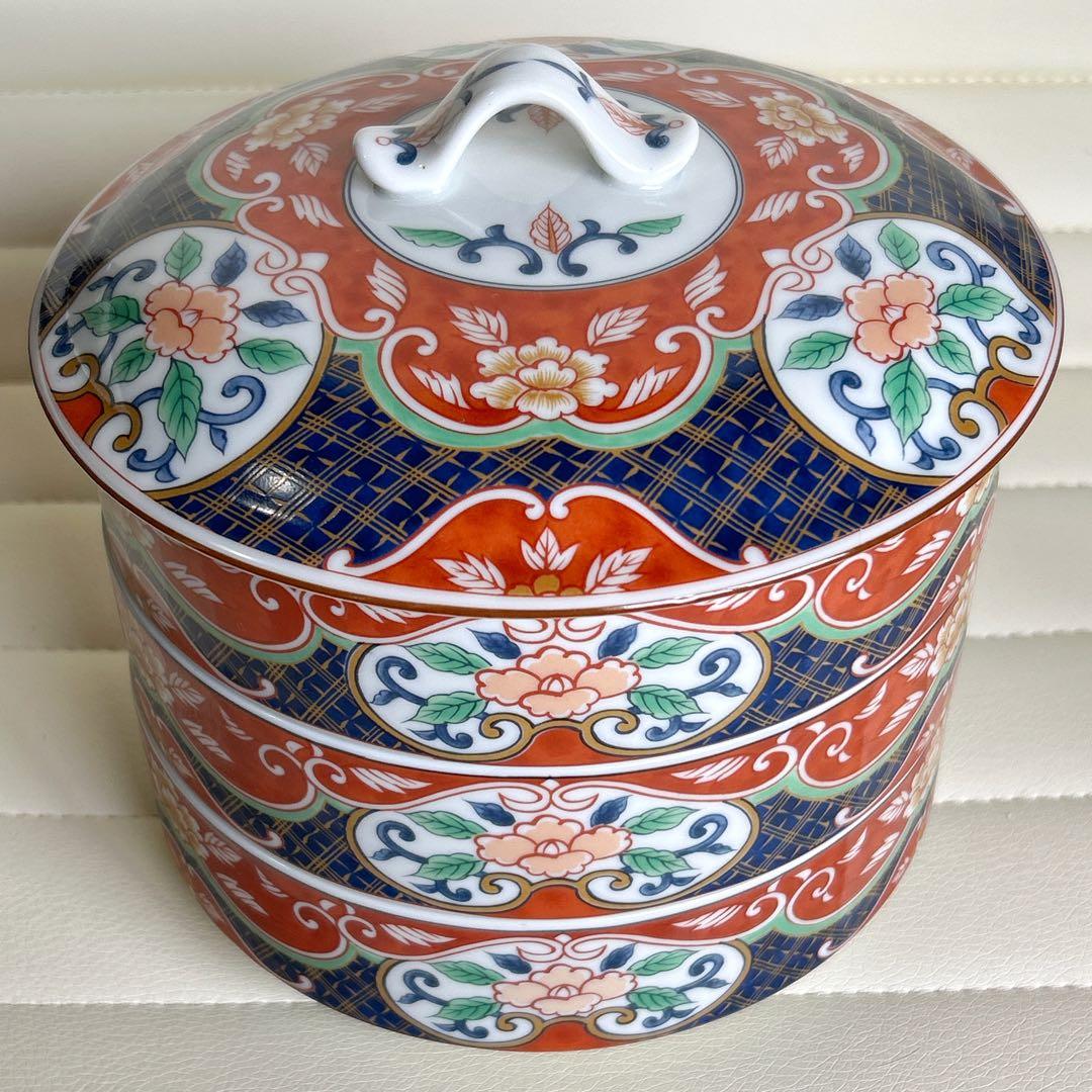 前畑陶器　庫山窯　元禄染錦　三段重　古伊万里　色絵　蓋付き重ね鉢　中鉢　和食器