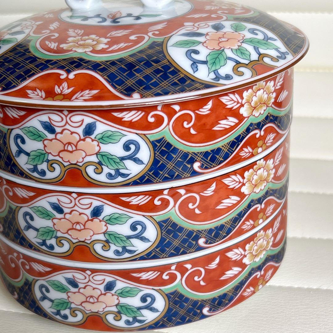 前畑陶器　庫山窯　元禄染錦　三段重　古伊万里　色絵　蓋付き重ね鉢　中鉢　和食器