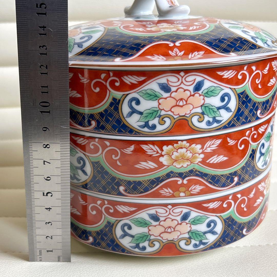 前畑陶器　庫山窯　元禄染錦　三段重　古伊万里　色絵　蓋付き重ね鉢　中鉢　和食器