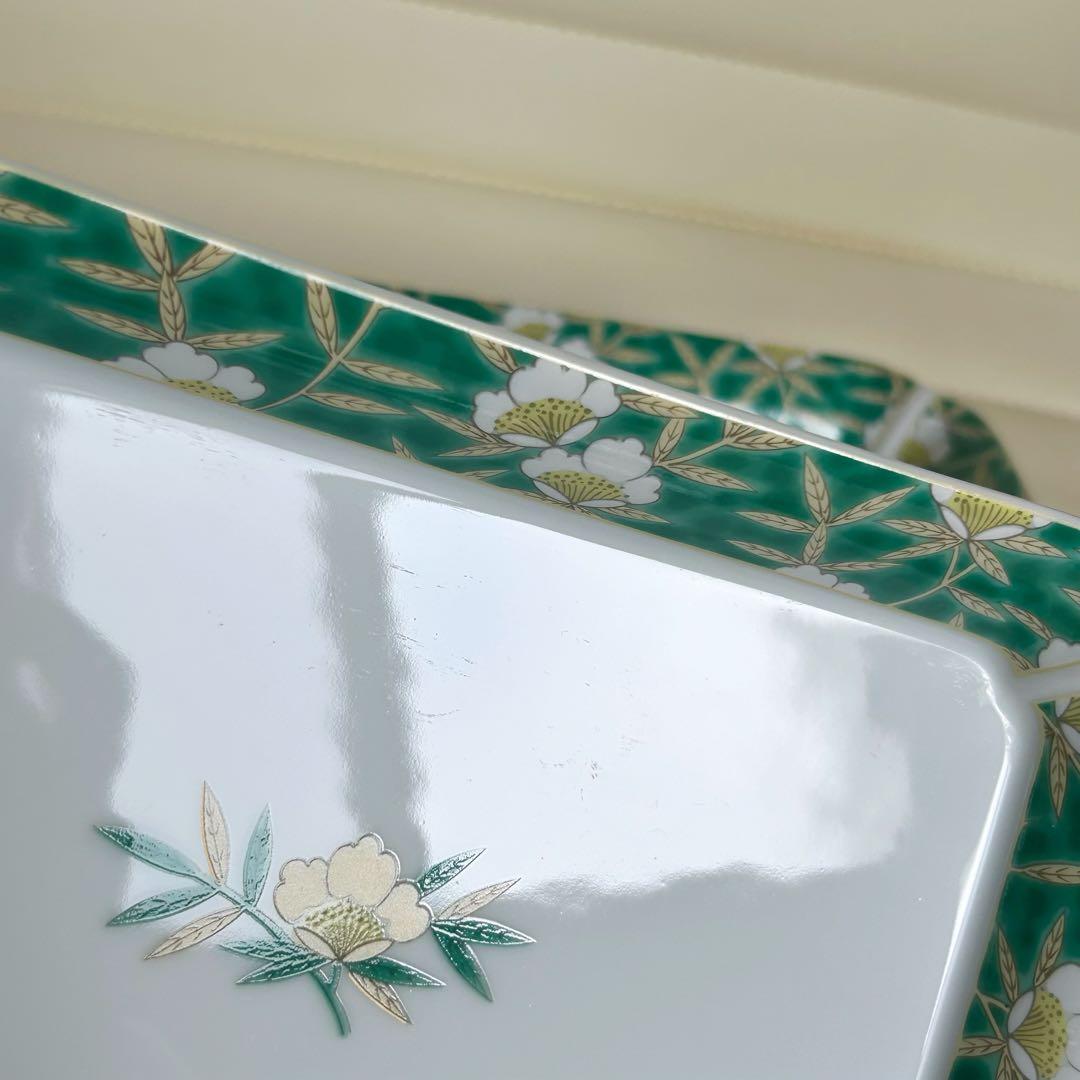 有田焼　明宝窯　緑彩山茶花　長角皿揃　5枚セット　長皿　金彩花文　色絵　古伊万里