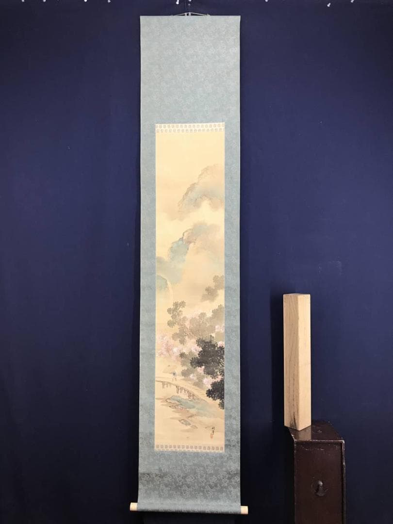 【真作】龍華/桜花春雨図/山水図/人物図/掛軸/名家伝来/AD-347