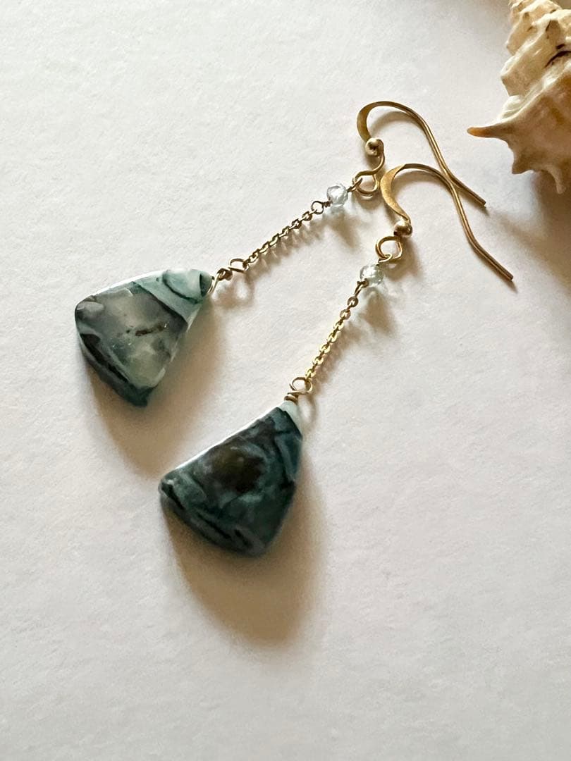 激レア　オパライズドウッド　ナチュラル　ブルージルコン　14kgf ピアス