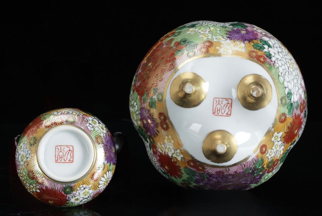 九谷焼 真山作 花詰百花文 香炉 香合セット 共箱 色絵金彩 三足香炉 茶道具