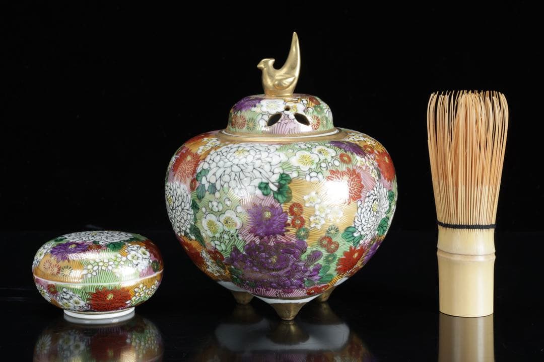 九谷焼 真山作 花詰百花文 香炉 香合セット 共箱 色絵金彩 三足香炉 茶道具