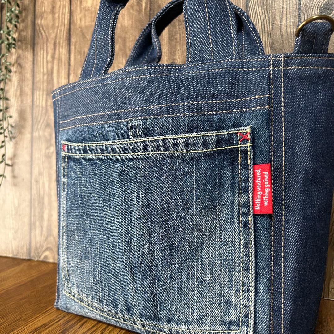 ＊小さめトートバッグ＊大きなポケットが可愛いデニムバッグ　デニムリメイク