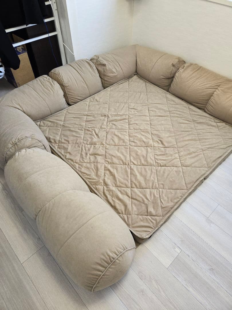 日本製 コーナーソファ 小 ベージュ・ブラウン　ラグソファ