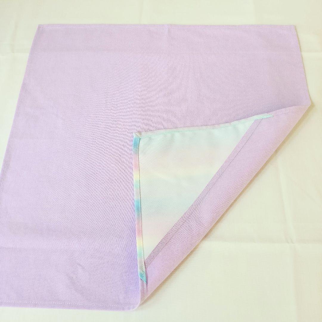 入学準備　給食セット　ラベンダー×虹色　薄紫巾着ハートレース付き　ランチマット