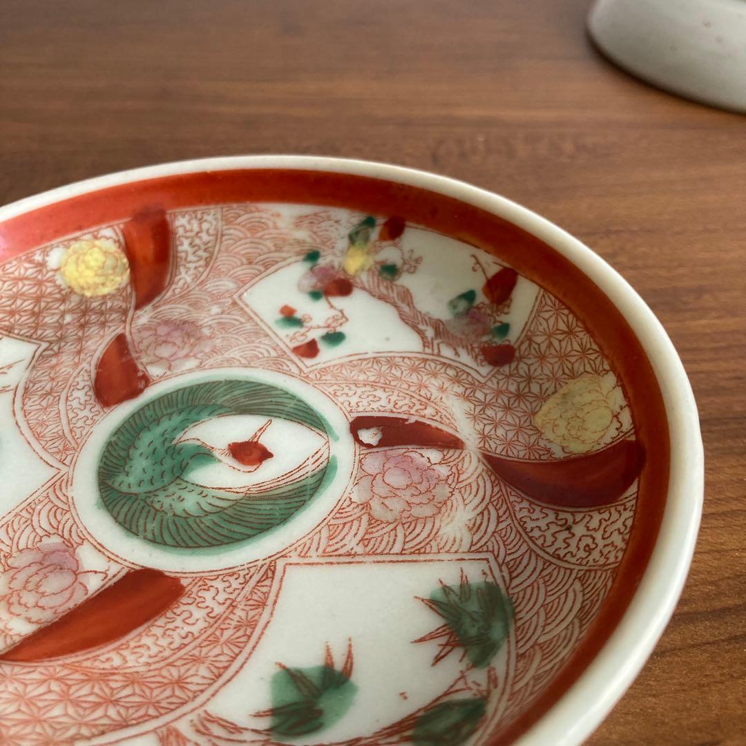 赤絵鶴色絵印判皿　銘々皿　イゲ皿、吾山窯や第一陶器、梅山窯や統制陶器、青郊窯好き