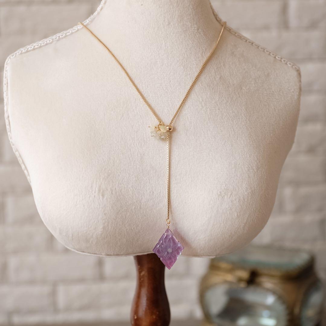 14kgfパープルオニキスカービングロングネックレス