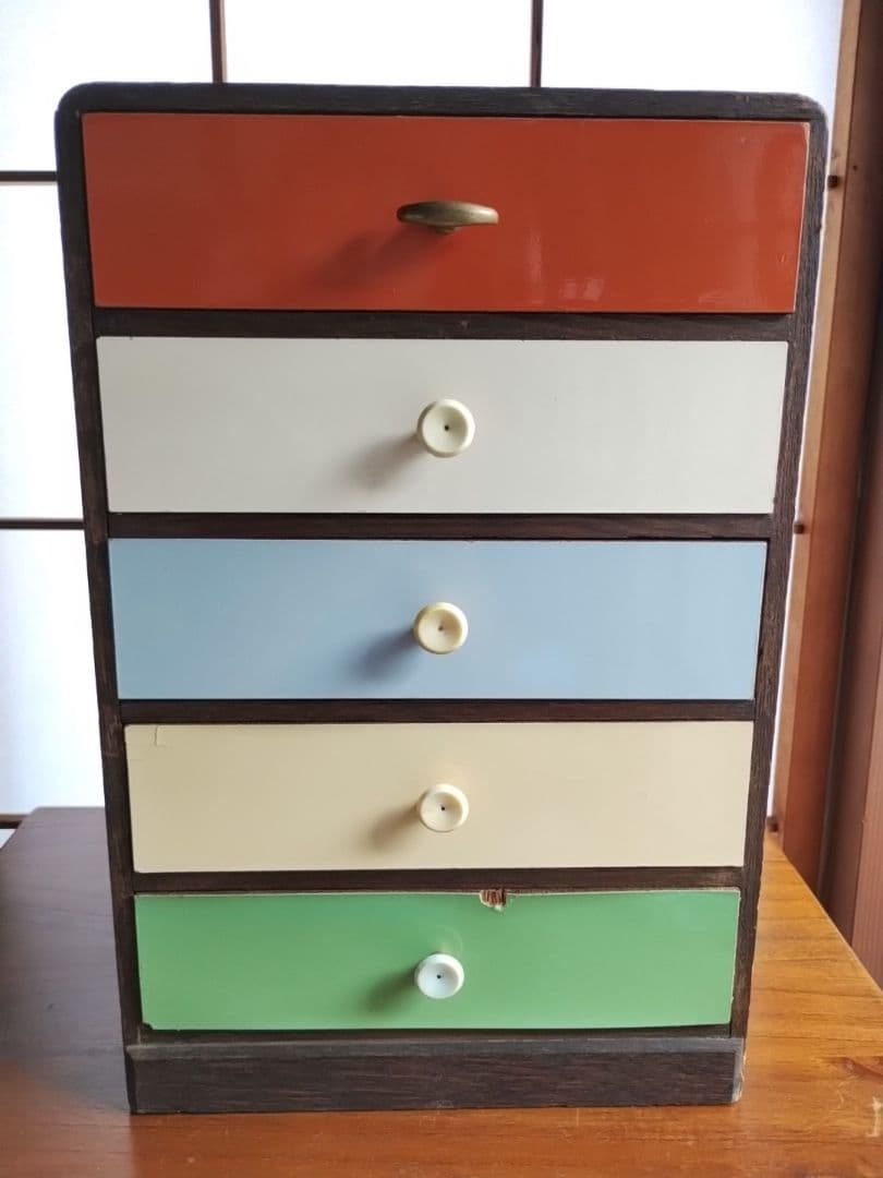 昭和レトロ　木製　引き出し　5段　抽斗　小物入れ　小棚　書類ケース　ヴィンテージ