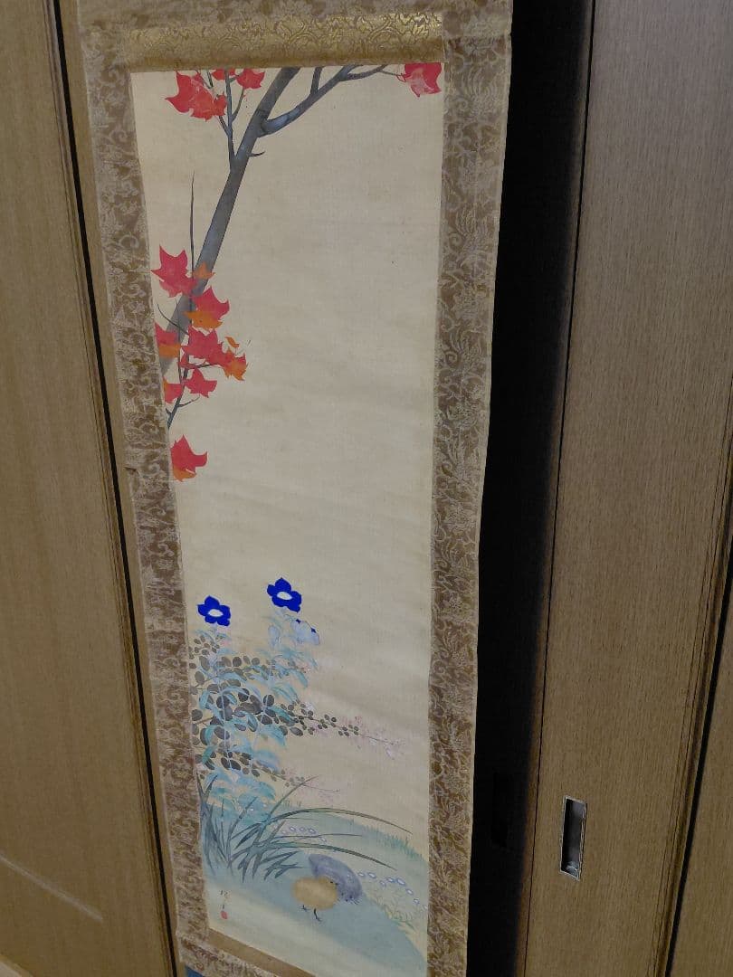 酒井抱一　紅葉とききよう　水彩掛軸　桐箱