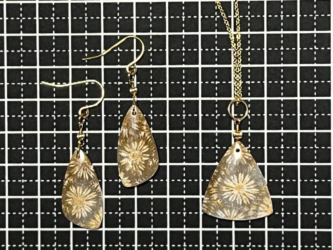 14kgf 大輪のお花フォッシルコーラル ピアスとペンダントトップセット