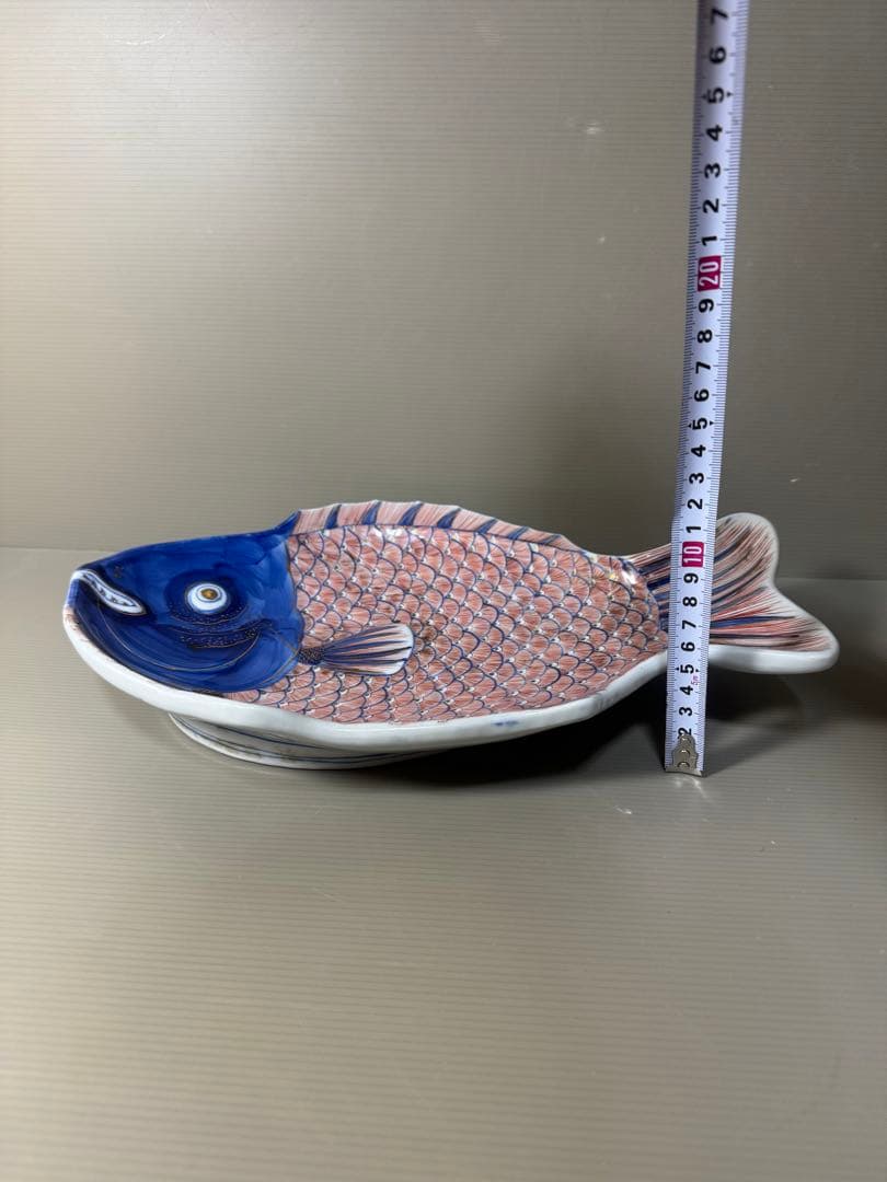 2332 古伊万里 大明成化年製銘　色絵金彩鯛形飾皿 鯛皿　35cm  時代物