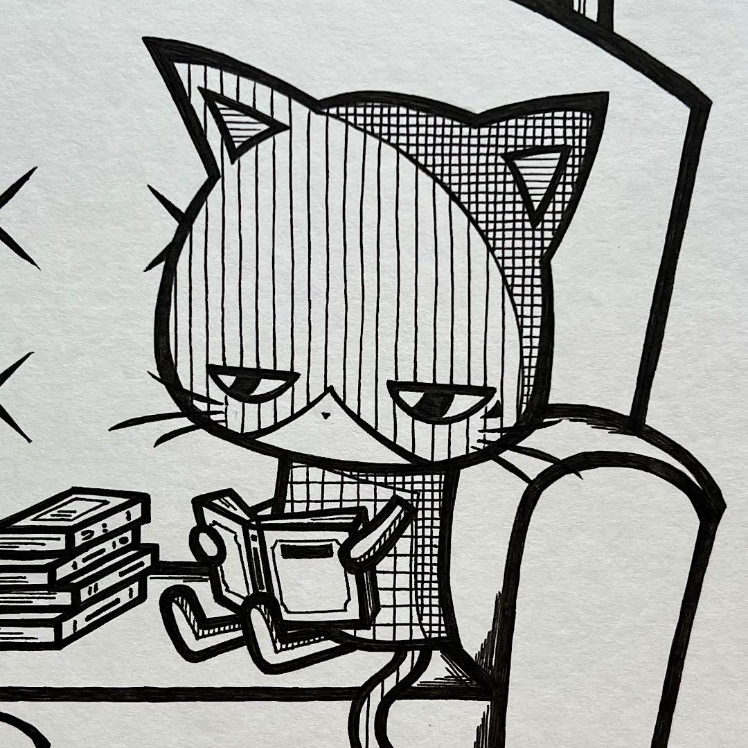 動物画 原画 絵 手描き 癒し 猫 くまさん 一点物 額縁付き『溶ける夜』