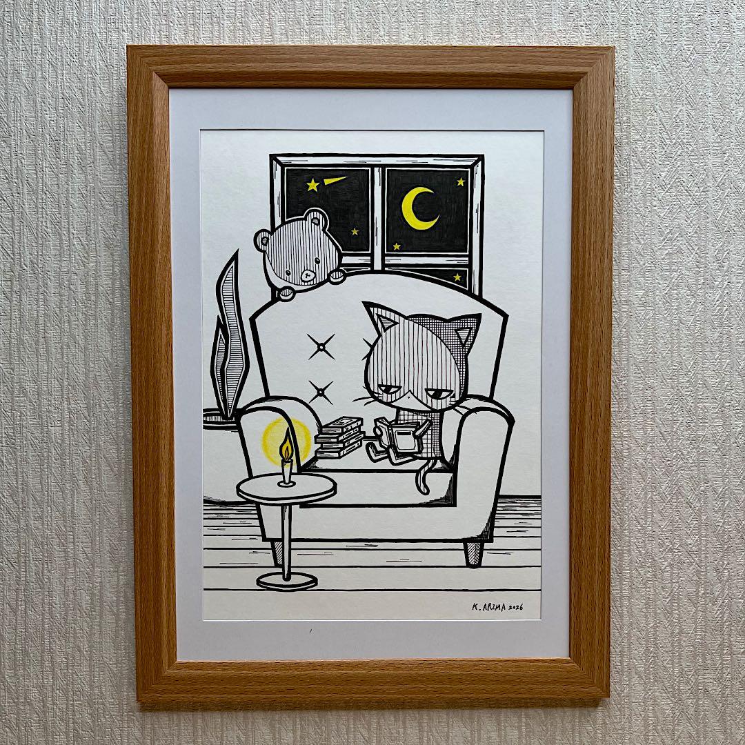 動物画 原画 絵 手描き 癒し 猫 くまさん 一点物 額縁付き『溶ける夜』