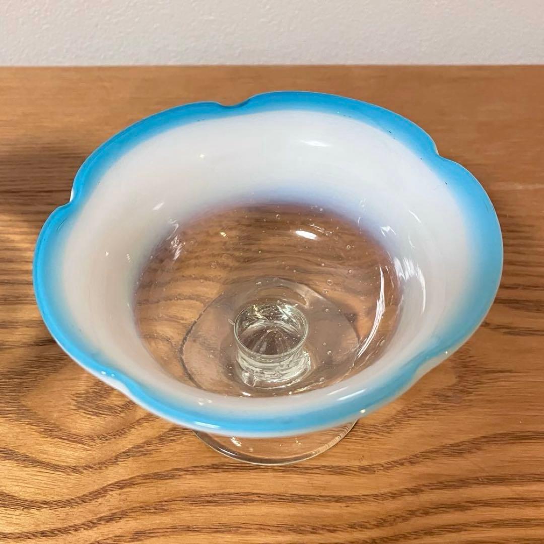 大正ガラス 和ガラス 骨董 レトロ 氷コップ デザートグラス 乳白色 ブルー