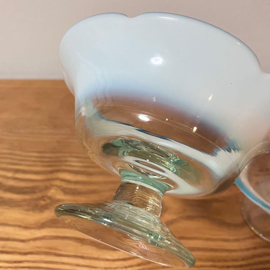 大正ガラス 和ガラス 骨董 レトロ 氷コップ デザートグラス 乳白色 ブルー