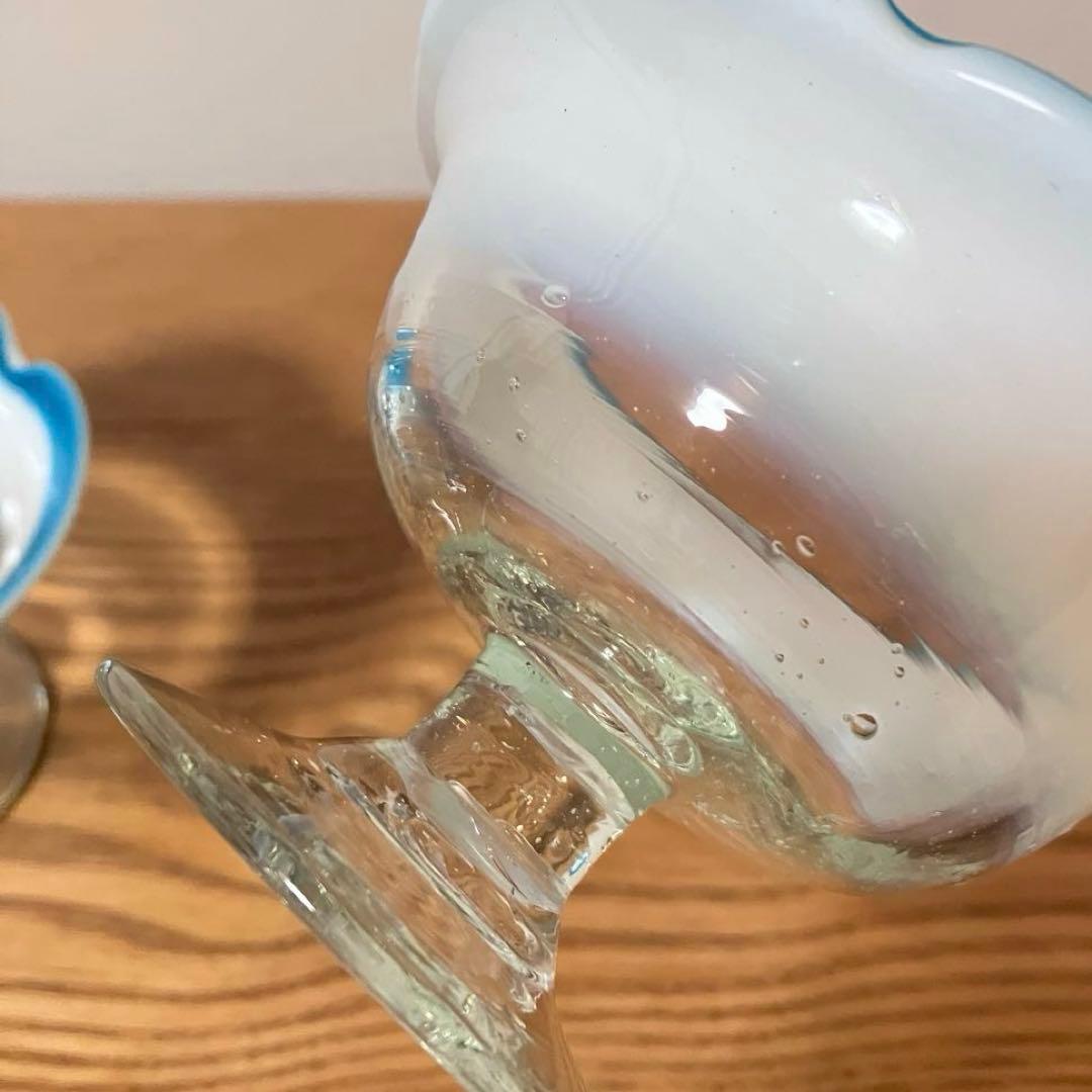 大正ガラス 和ガラス 骨董 レトロ 氷コップ デザートグラス 乳白色 ブルー