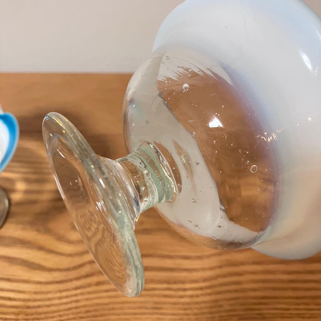 大正ガラス 和ガラス 骨董 レトロ 氷コップ デザートグラス 乳白色 ブルー