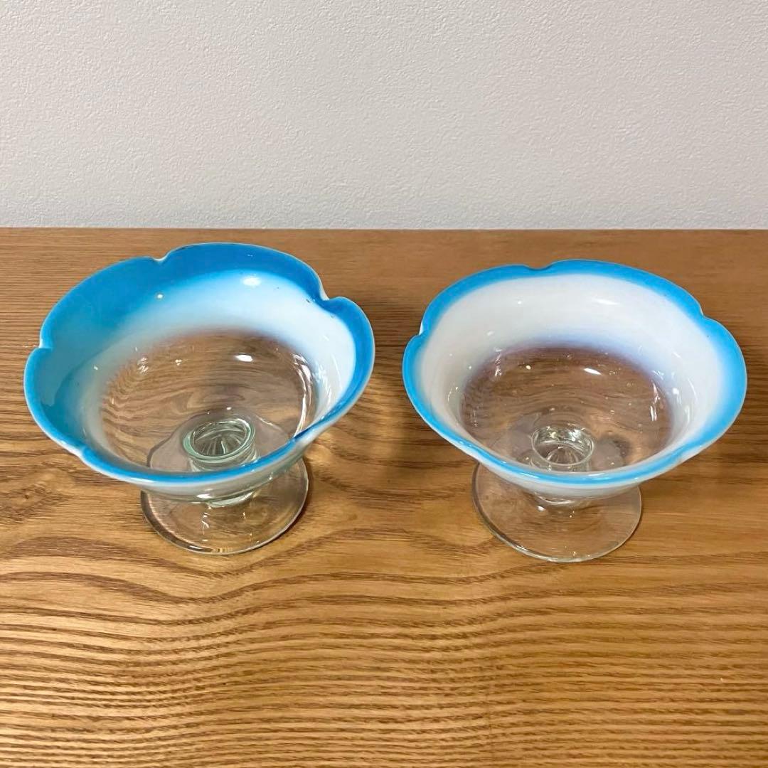 大正ガラス 和ガラス 骨董 レトロ 氷コップ デザートグラス 乳白色 ブルー