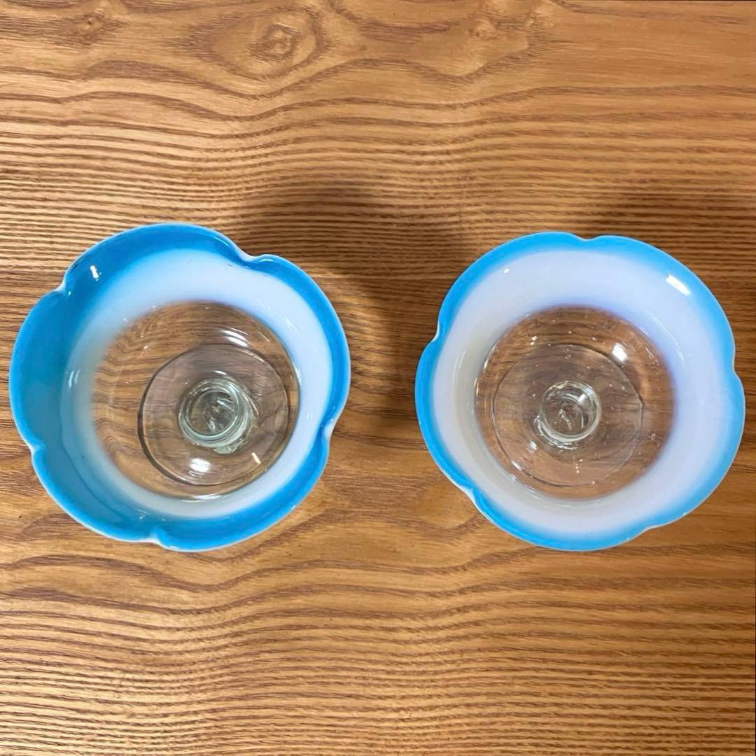 大正ガラス 和ガラス 骨董 レトロ 氷コップ デザートグラス 乳白色 ブルー