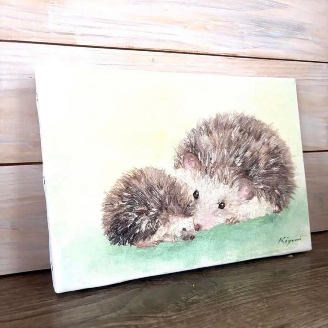 ハリネズミの親子の油彩画