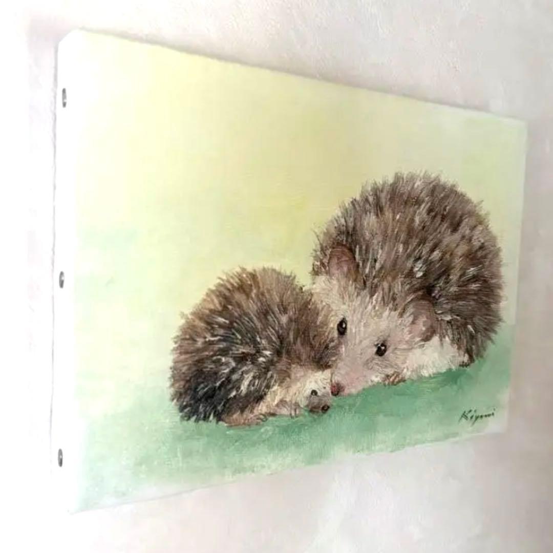 ハリネズミの親子の油彩画