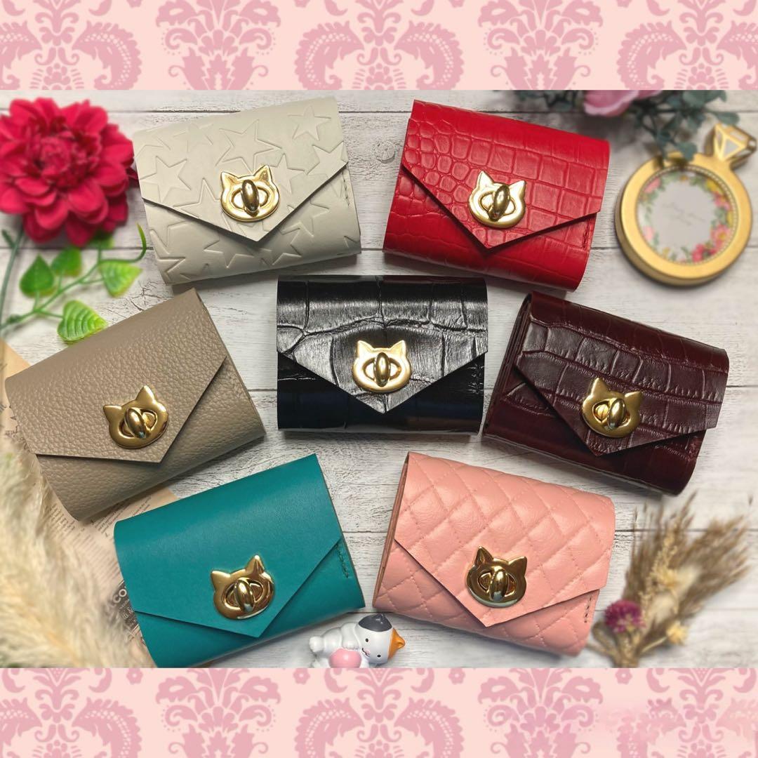 ❤【猫×メロン♪】お洒落可愛い猫モチーフの総本革コンパクトミニ財布♪メロン柄