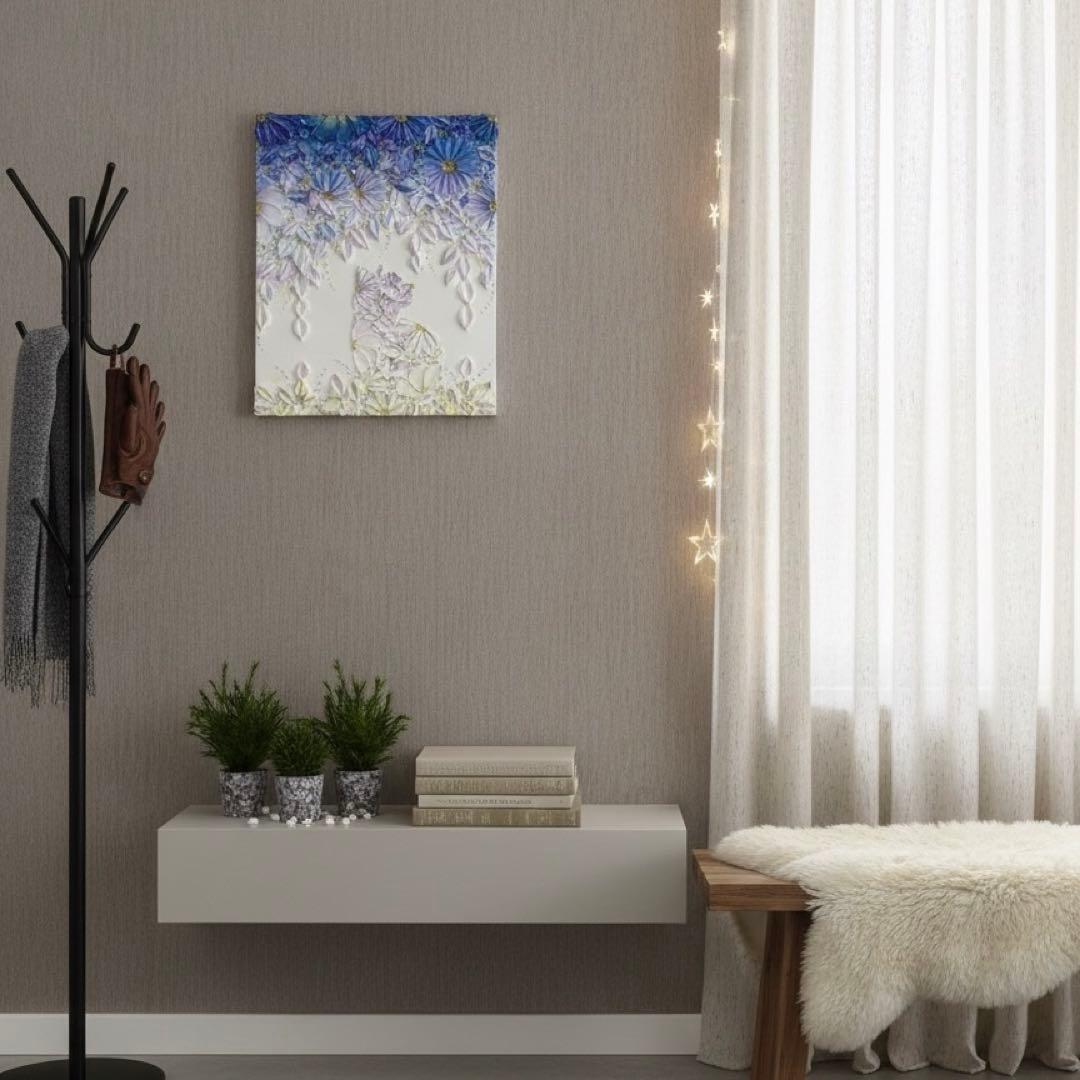 「夜明けに咲く」　27.3×22㎝　猫のテクスチャーアート　夜空のアート