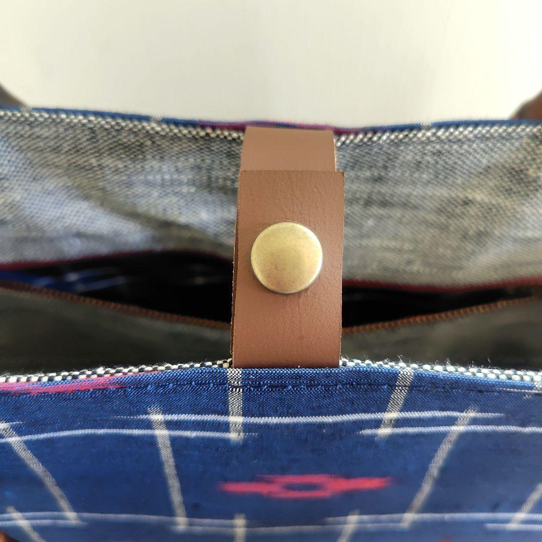 琉球絣文様紬反物　紬帯　リメイク　バンブーハンドル　トートバッグ