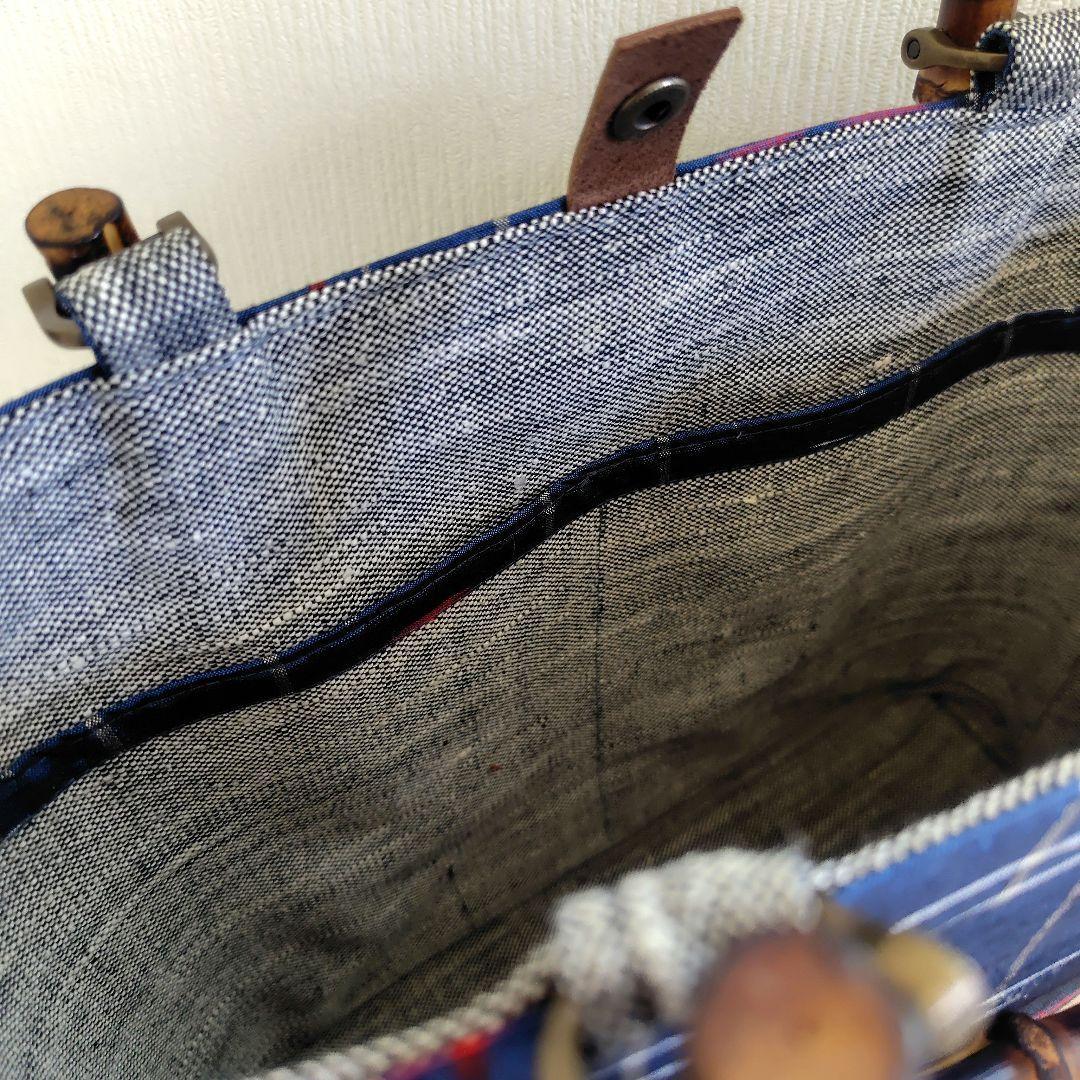 琉球絣文様紬反物　紬帯　リメイク　バンブーハンドル　トートバッグ