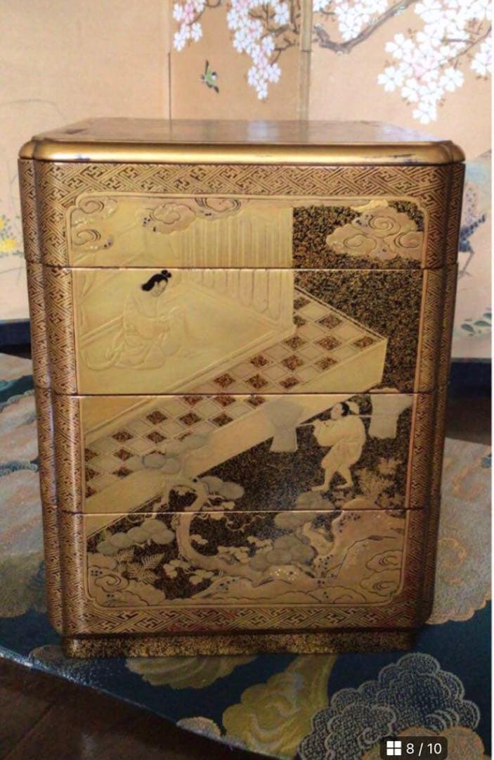 ❶【特別出品】大名道具　虎に像　筍掘り紋様　蒔絵　野弁当　提げ重　（箱付）