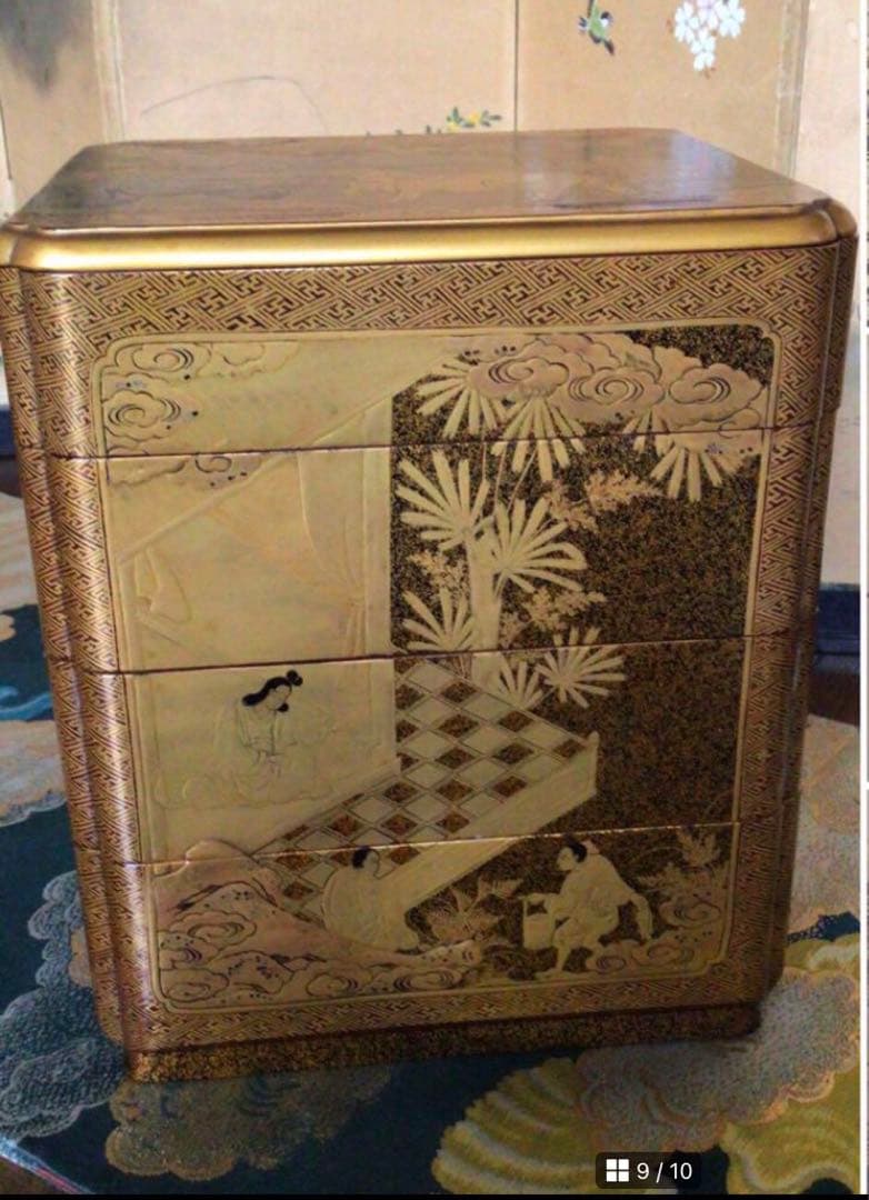 ❶【特別出品】大名道具　虎に像　筍掘り紋様　蒔絵　野弁当　提げ重　（箱付）